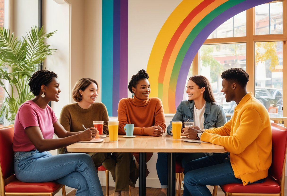 A colorful and vibrant collage featuring diverse LGBTQ characters from various entertainment mediums, such as movies, television, and literature, all interacting in a cozy café setting. The background should have elements representing insurance, like policy documents and symbols of protection, subtly integrated into the artwork. The atmosphere should be warm and welcoming, conveying acceptance and love. Include rainbow colors to symbolize diversity and inclusion. vector art. vibrant colors. white background.