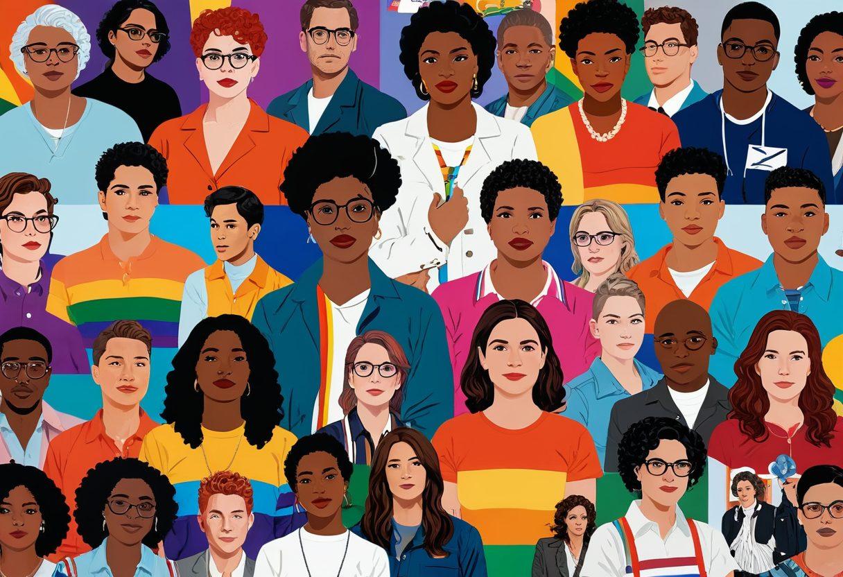 A vibrant collage depicting a diverse group of LGBTQ characters from various films and media, intertwined with legal symbols like a gavel and policy documents. The characters express a range of emotions and identities, showcasing their stories. The background fades from bright rainbow colors to a subtle grey, symbolizing the transition from representation to policy. Include elements like film reels and rainbow flags. vector art. vibrant colors. cinematic style.